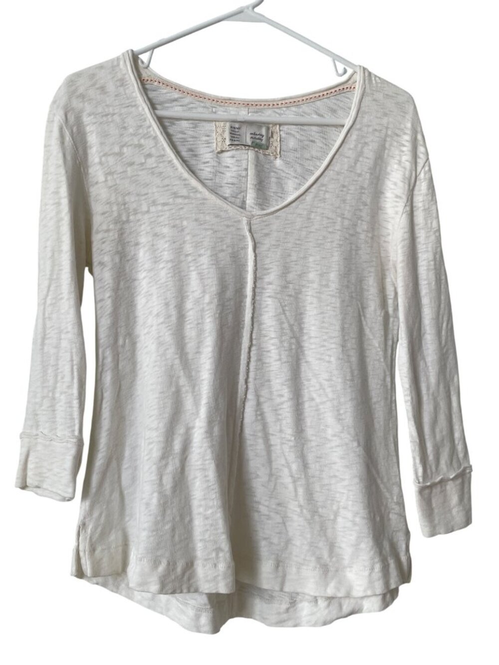 Anthropologie Saturday Sunday Top XS Burnout 3/4 Sleeve White Cotton Minimalist